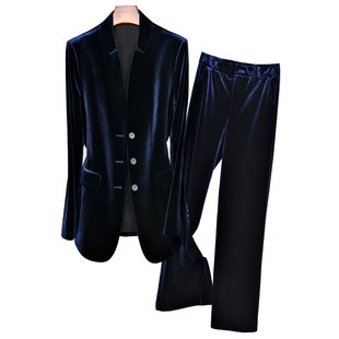 藏蓝色V型小立领原创设计高级感大牌金丝绒时尚修身年会套装