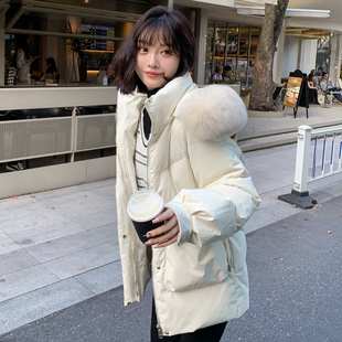 韩版时尚休闲加厚中长款羽绒服女2023年冬季小个子大毛领外套
