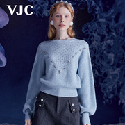 VJC/威杰思秋冬女装慵懒风蓝色羊毛衫珍珠烫钻宽松上衣