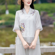 新中式国风苎麻上衣2024刺绣文艺复古棉麻衬衣夏季七分袖亚麻衬衫