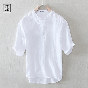 一件会呼吸的亚麻t恤夏季薄款复古亚麻，小立领短袖衬衫男半袖白色