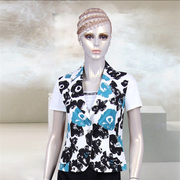 香港名师路欧美风格清新白色黑蓝印花ol职业，挺括西装短袖外套上衣