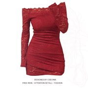 大码胖mm纯欲性感一字肩长袖，连衣裙女秋冬季红色蕾丝收腰包臀短裙