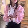 韩国chic春季甜美气质，拼接领带设计单排扣宽松百搭撞色长袖衬衫女