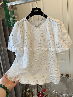 DHR 超好看白色甜美镂空蕾丝衫花朵泡泡袖短袖衬衫上衣女仙小个子