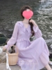 裙子长裙法式气质淑女温柔香芋，紫色喇叭袖，v领雪纺连衣裙女春