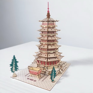 山西应县释迦木塔木制质建筑模型，立体拼图拼装儿古风成年手工玩具