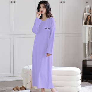 睡裙女款2024春款纯棉长袖，紫色春秋款，长裙到脚踝超长款睡衣裙