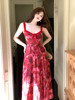 茶歇法式玫瑰印花吊带连衣裙女2023夏季温柔复古绝美气质长裙