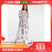香港直邮潮奢asos女士，设计棉质抽褶束腰，印花中长连衣裙