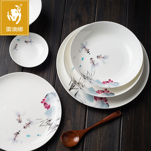 唐山骨瓷餐具碗碟套装家用新中式碗盘子结婚用陶瓷器盒装荷风