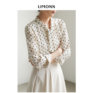 limonn法式复古黑白小波点飘带，长袖衬衫女气质通勤职业，v领上衣秋