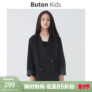 Buton Kids自制女童双排扣西装外套秋季无领深 v 设计感黑色西服