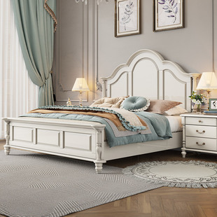 美式白色全实木高箱双人床，风格家具1.8米婚床原木欧式铺板床卧室