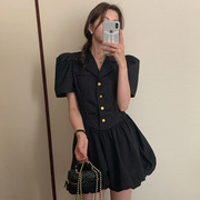 韩国chic夏季小众复古西装领撞色单排扣收腰显瘦泡泡袖褶皱连衣裙