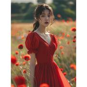 红色雪纺连衣裙2024夏季高级感法式茶歇高端精致气质绝美小裙