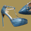 15cm蓝色真蛇皮细跟凉鞋，包头防水台尖头，高跟鞋女夏季拉丁欧笠女鞋