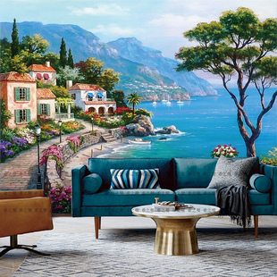 欧式8d壁画5d地中海油画风景壁纸，客厅沙发电视背景墙纸3d影视墙布