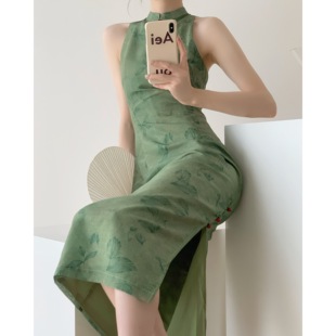 Srose 重庆森林/ 复古显白绿色改良版新中式国风旗袍连衣裙2024夏