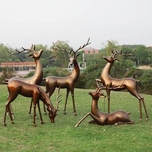 仿铜鹿雕塑玻璃钢梅花鹿摆件户外公园林景观大型动物景观草坪小品