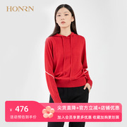 honrn红人红色减龄连帽毛衣女春秋，薄款套头针织衫休闲宽松上衣