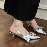 高级感银色蝴蝶结气质单鞋鞋子女2024春夏季包头高跟凉鞋