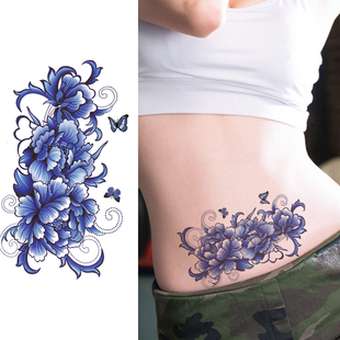 蓝色大花牡丹纹身贴纸，防水女持久遮疤痕贴花，臂腿贴写真贴
