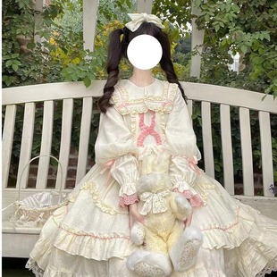 韩菇凉厂原创设计日系lolita洋装中古呲甜纯色，op长袖连衣裙