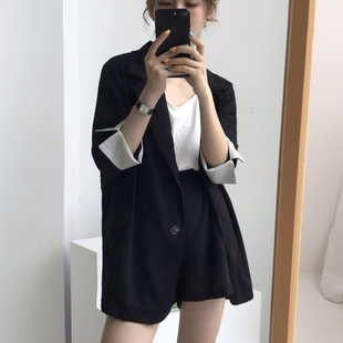 夏韩版薄款条纹袖口网红黑色小西装外套女短裤两件套装