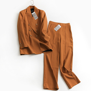 P852纯色显瘦双排扣西装领外套秋冬2021长袖气质西装女小西服