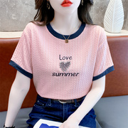 重工钉珠刺绣撞色短袖T恤女2024年夏季韩版宽松显瘦圆领上衣