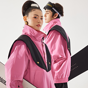 bcg单板滑雪服粉色时尚，复古海军风原创设计款，专业压胶防水保暖