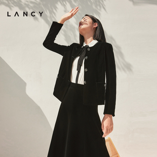 lancy朗姿女装2023秋季黑色，丝绒短外套女士，气质通勤圆领夹克