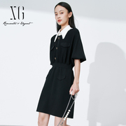 雪歌黑色针织连衣裙女短袖2023春季法式简约气质高腰短款裙子