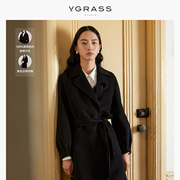 100%绵羊毛VGRASS经典墨黑色纯羊毛大衣冬奢想质感