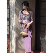 EIA一尧紫藤法式复古网纱长袖连衣裙女秋季修身显瘦气质长裙