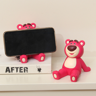 创意草莓熊手机(熊手机，)支架桌面可爱粉色小熊，摆件平板架办公室手机架好物