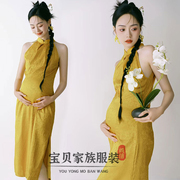 新中式晨袍旗袍中国风黄色无袖，复古改良连衣裙影楼，孕妇气质摄影服