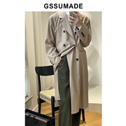 GSSU/2021秋冬长款英伦气质过膝双排扣翻领男女同款宽松风衣外套