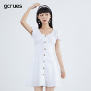 gcrues木耳边白色连衣裙女夏小个子，韩版裙子气质，泡泡袖a字裙高腰