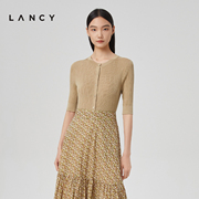 LANCY/朗姿女装2023春季圆领开衫女真丝短袖针织开衫收腰显瘦