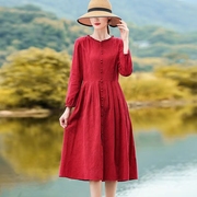 红色棉麻长袖连衣裙女2022年洋气秋装气质减龄复古亚麻长裙子