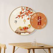 新中式餐厅装饰画挂钟饭厅，叠加圆形客厅沙发背景墙，画万事如意挂画