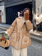 卡其色西装领羽绒棉服女冬季2023韩系宽松常规，款休闲棉衣外套