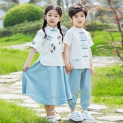 幼儿园表演出服六一儿童中国风，女童汉服改良夏季男童唐装短袖套装