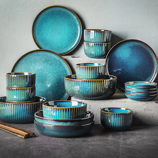 碗盘套装北欧ins网红蓝色，个性欧式中式家用陶瓷碗碟碗筷餐具套装
