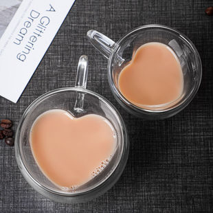 创意心形玻璃咖啡杯家用双层隔热果汁，杯高硼硅水杯牛奶杯带把茶杯