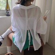 韩国chic设计感小心机后背系带开叉透视薄款雪纺防晒衬衫外套上衣