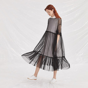 半圆原创设计师女装2021夏黑白两色网纱透明感宽松短袖连衣裙