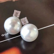 珍珠配件diy澳白耳钉空托简约精致小方块钻石耳饰18K金镶嵌钻